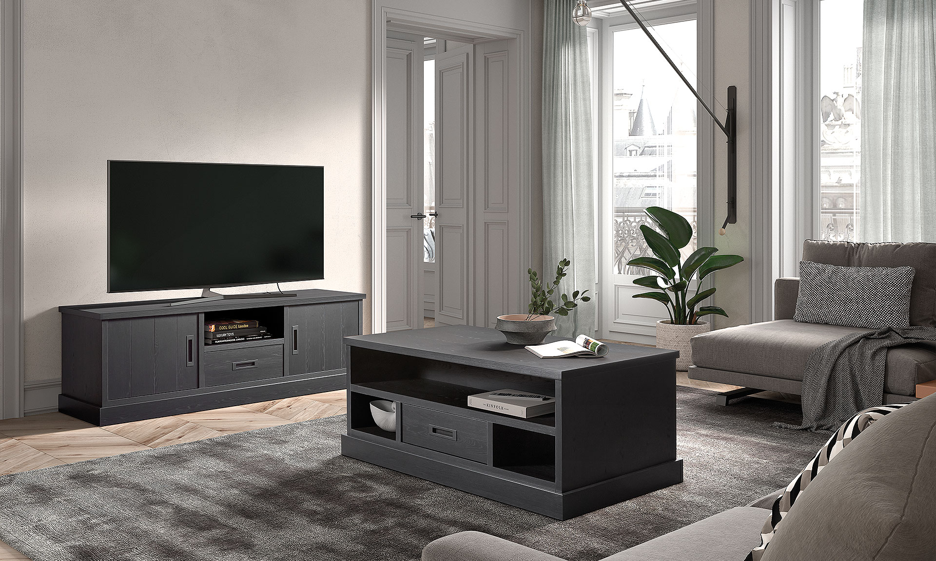 Salon avec une collection en gris anthracite. Un meuble TV et une table basse avec rangement.